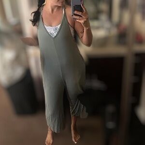 Loving People Loose Fit Jumpsuit/ Romper with Pockets (Sage Green)